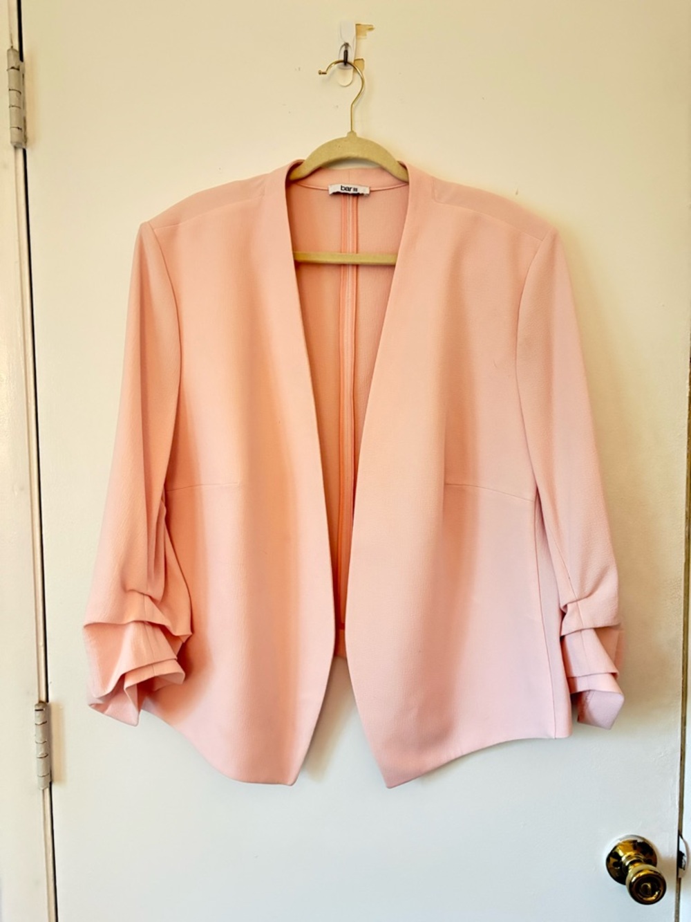 Bar III Blush Pink Open-Front Blazer with Ruched Sleeves